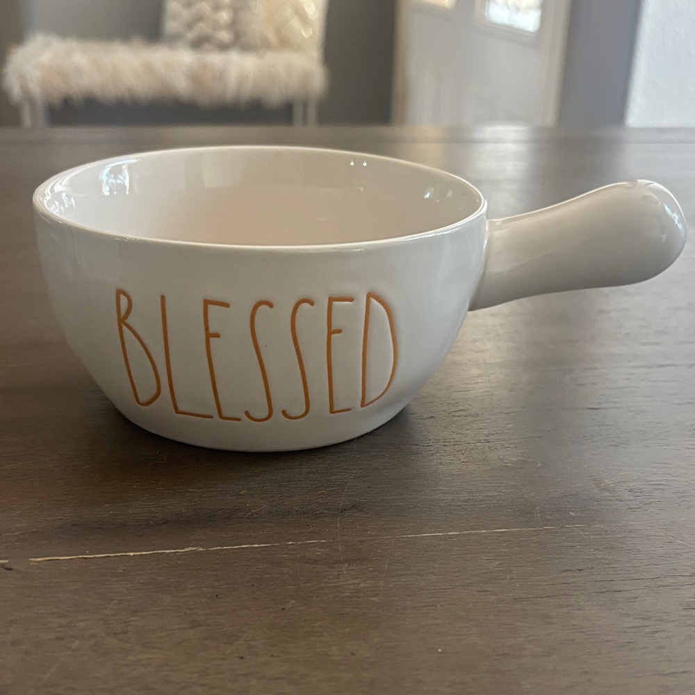 Rae Dunn White Ceramic 'BLESSED' Soup Bowl with Handle - Gold Lettering